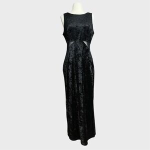 Vintage 90's Medium Goth Black Crushed Velvet Maxi Dress Mesh Cutout Gothic